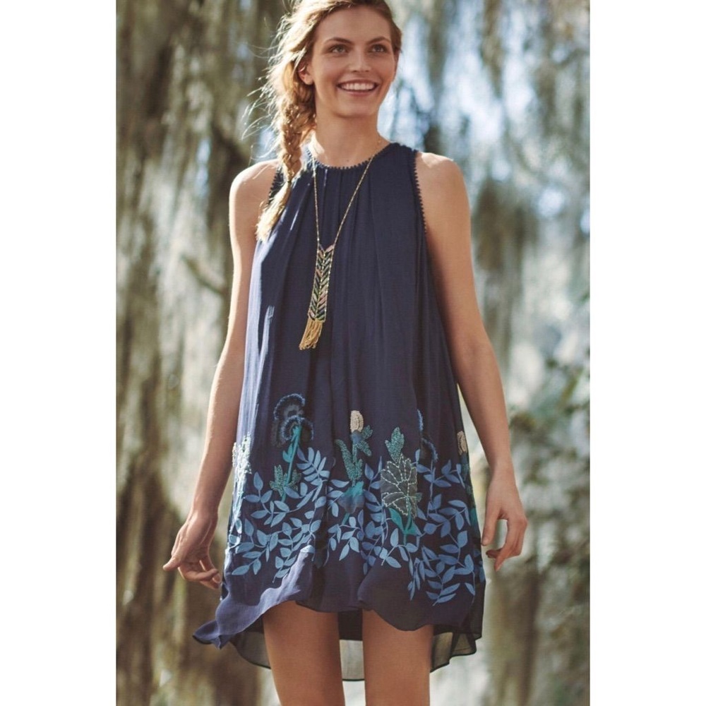 Anthropologie Embellished Navy Swing Dress